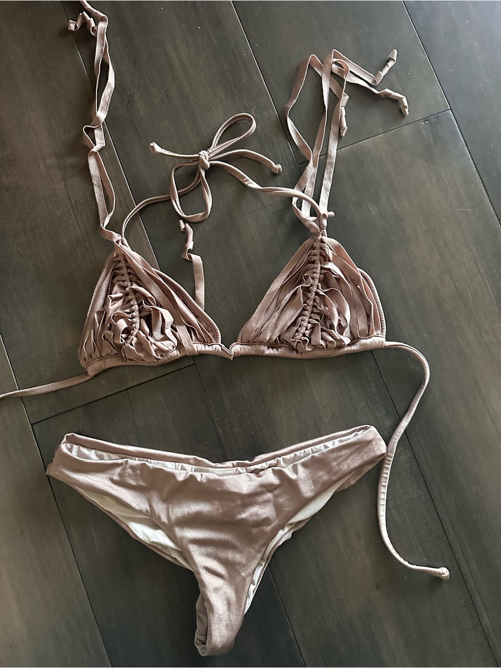 Pilyq Isla Macrame  Taupe Triangle Bikini Set